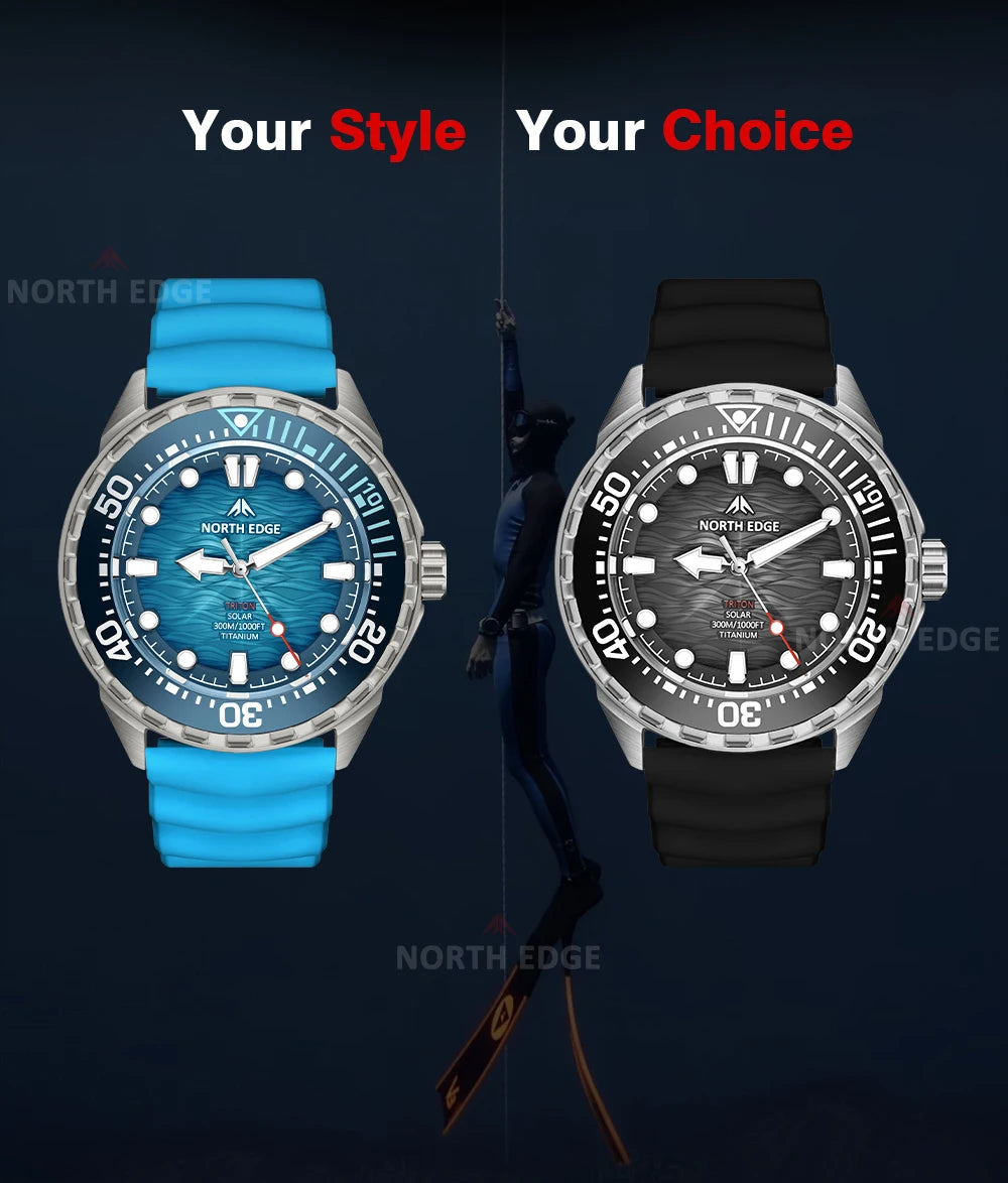 NORTH EDGE NEW+ TRITON-TI titán napelemes búváróra, luxus kvarc karóra férfiaknak, 300 m vízállóság, 180+ napos üzemidő