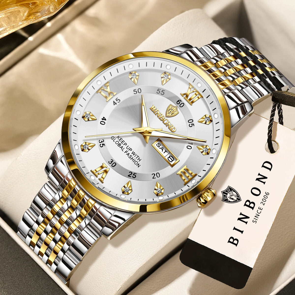 Relógio de pulso de luxo BINBOND com movimento de quartzo para homem – Impermeável, luminoso, com indicação do dia da semana – Estilo empresarial, desportivo, moderno e casual