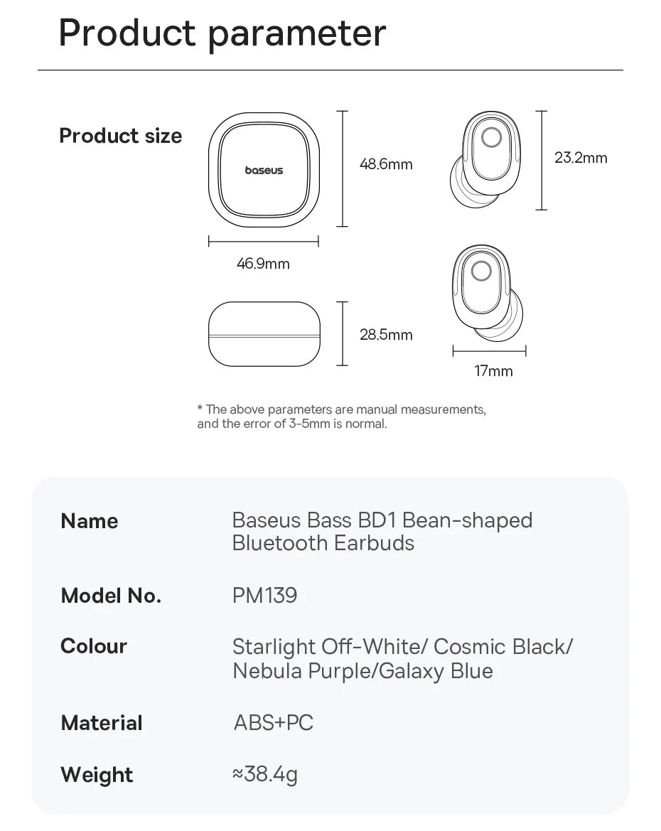Baseus Bass BD1 Wireless Bluetooth 5.4 Earbuds – Mini Bean TWS Earphones, 35H Playtime, IP55 Waterproof Sports Headphones with Deep Bass & Low Latency