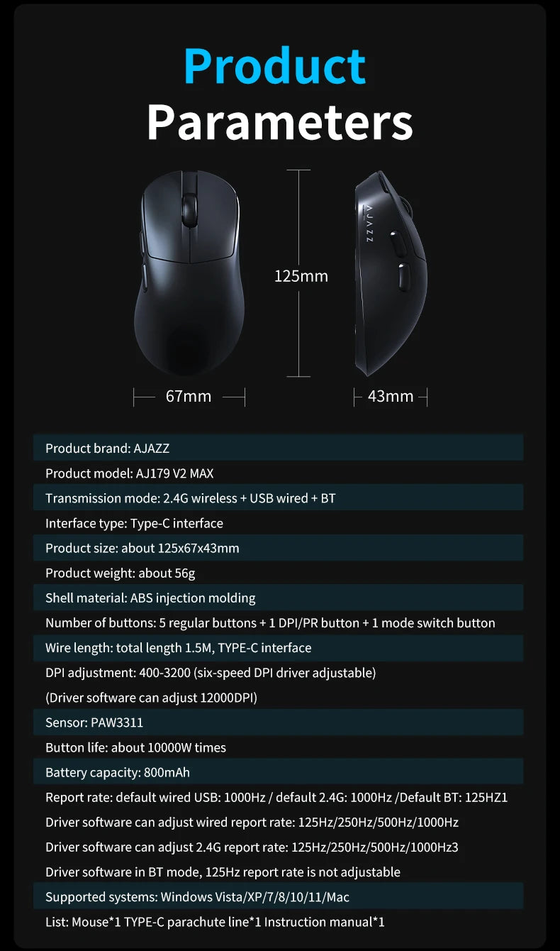 AJAZZ AJ179 V2 MAX Tri-mode right-handed mouse 56g lightweight PAW3311 sensor Huanuo Micro Switch TelinkMicrochip