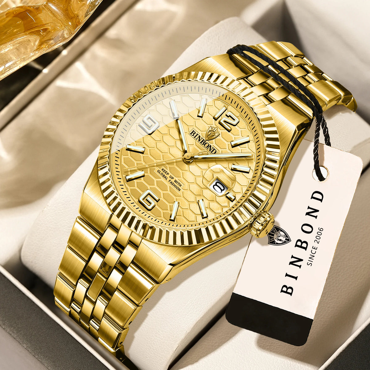 Reloj de pulsera de cuarzo de lujo BINBOND, luminiscente, resistente al agua, con fecha automática, para hombre, de acero, estilo ejecutivo, deportivo, moderno y desenfadado.