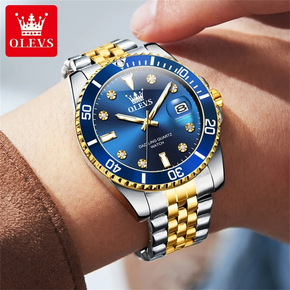 Relógio de homem OLEVS – Relógio de luxo, estilo profissional, à prova de água, com indicador de data, ponteiros luminescentes, caixa em aço inoxidável e mostrador azul – Relógio de quartzo