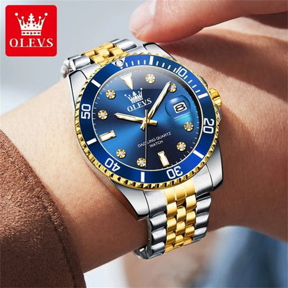Relógio de homem OLEVS – Relógio de luxo, estilo profissional, à prova de água, com indicador de data, ponteiros luminescentes, caixa em aço inoxidável e mostrador azul – Relógio de quartzo