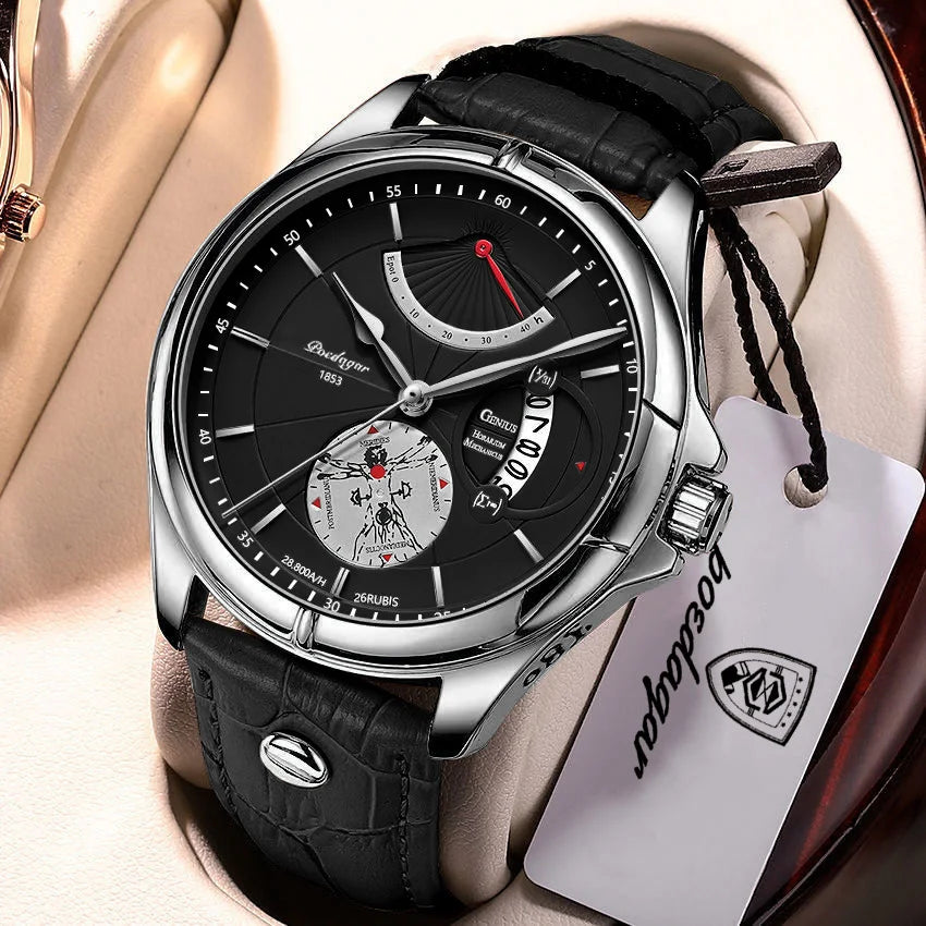 POEDAGAR men’s quartz wristwatch – Business style, luxury, water-resistant, luminous, with date display and leather strap – Elegant men’s watch
