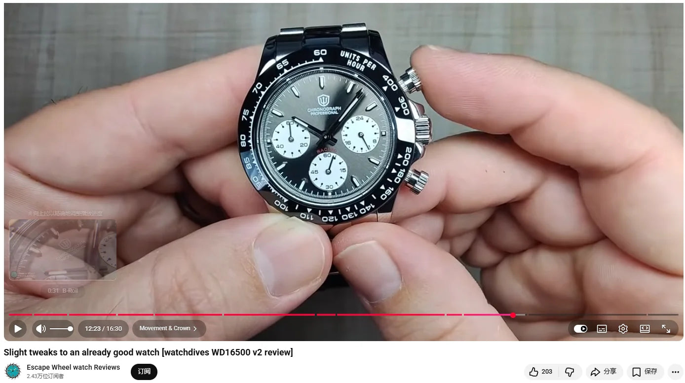 Watchdives WD16500 V2 Quartz Watch VK63 Sweep Sports Chronograph Watches Sapphire AR Coating BGW9 Luminous Waterproof Watches