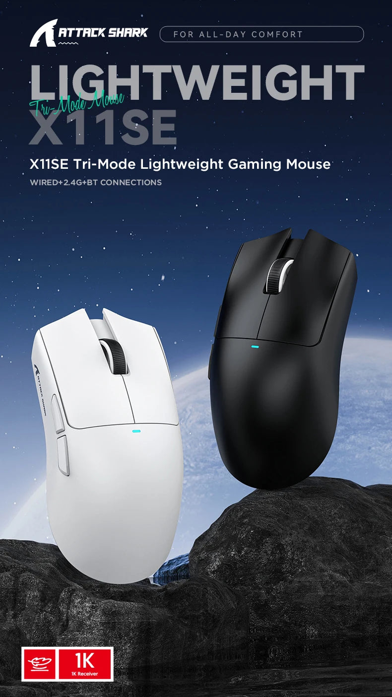 ATTACK SHARK X11SE trådløs gamingmus, tri-mode, 63g superlet med PAW3311-sensor, 22000 DPI, 300mAh batteri, dobbelt driver