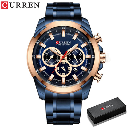 CURREN men’s chronograph watch, large 48 mm dial, stainless steel bracelet, three sub-dials, quartz sports wristwatch, luxurious style