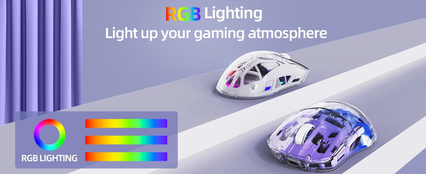 A2 transparent trådløs gamingmus, BT 5.0/2.4G genopladelig RGB-mus til PC med digital skærm, PixArt 3212, 5 justerbare DPI
