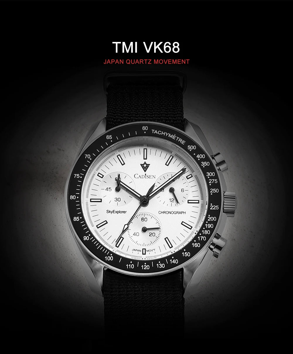 CADISEN Új férfi karórák Luxus kvarc karóra férfiaknak Zafír AR bevonatú üveg Vászon VK68 Speed Chronograph Automatikus