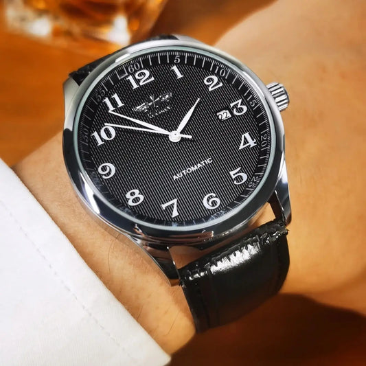 Relógio de homem WINNER – Estilo clássico, retro e elegante – Relógio mecânico automático com calendário – Marca de luxo, caixa em aço e bracelete em pele