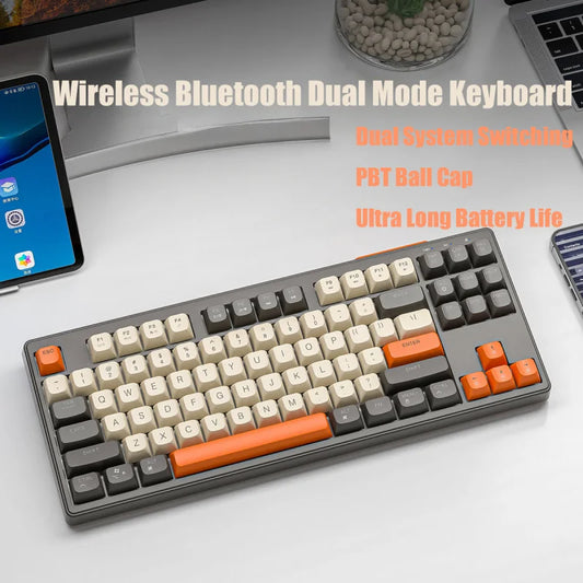 M87 Wireless Bluetooth Dual Mode Keyboard, Mechanical Feeling Gaming Office Mute PBT Ball Cap Rainbow Light