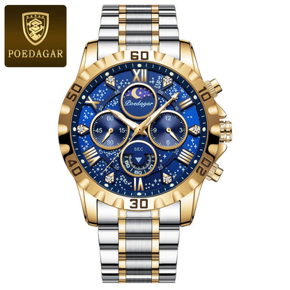 Montre pour homme POEDAGAR – Chronographe de luxe, étanche et luminescent, en acier inoxydable, style sportif et militaire, à mouvement à quartz