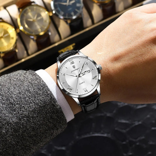 Orologio da uomo alla moda POEDAGAR, cinturino in pelle, data e giorno della settimana, orologio al quarzo di lusso, impermeabile, luminescente, stile business casual.