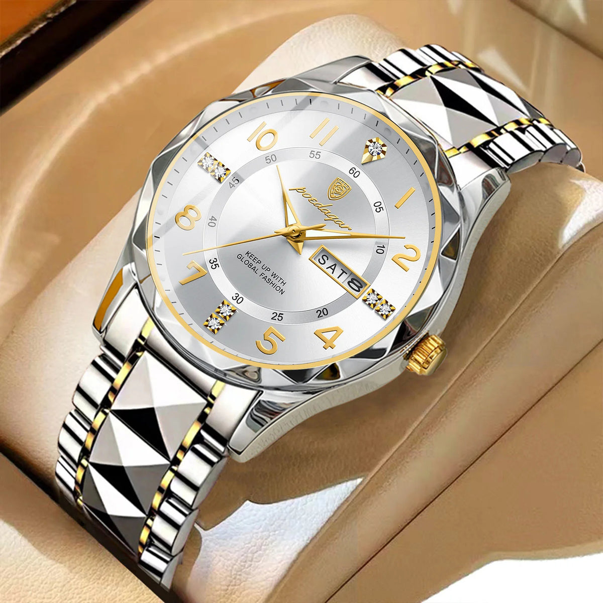 Męski zegarek POEDAGAR Fashion Luxury, wodoodporny, podświetlany, z mechanizmem kwarcowym, bransoletą ze stali nierdzewnej, datownikiem i wskaźnikiem dnia tygodnia, w stylu casualowym.