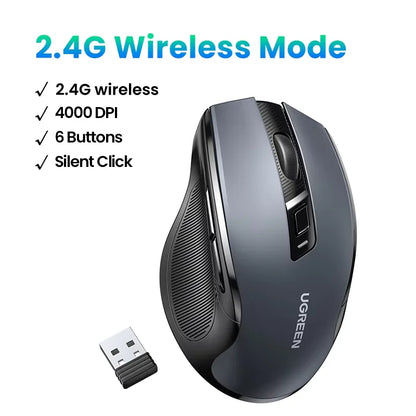 Mysz bezprzewodowa UGREEN Bluetooth 5.0, ergonomiczna, 4000DPI, 6 cichych przycisków, do MacBooka, tabletu, laptopów, komputera PC, 2.4G
