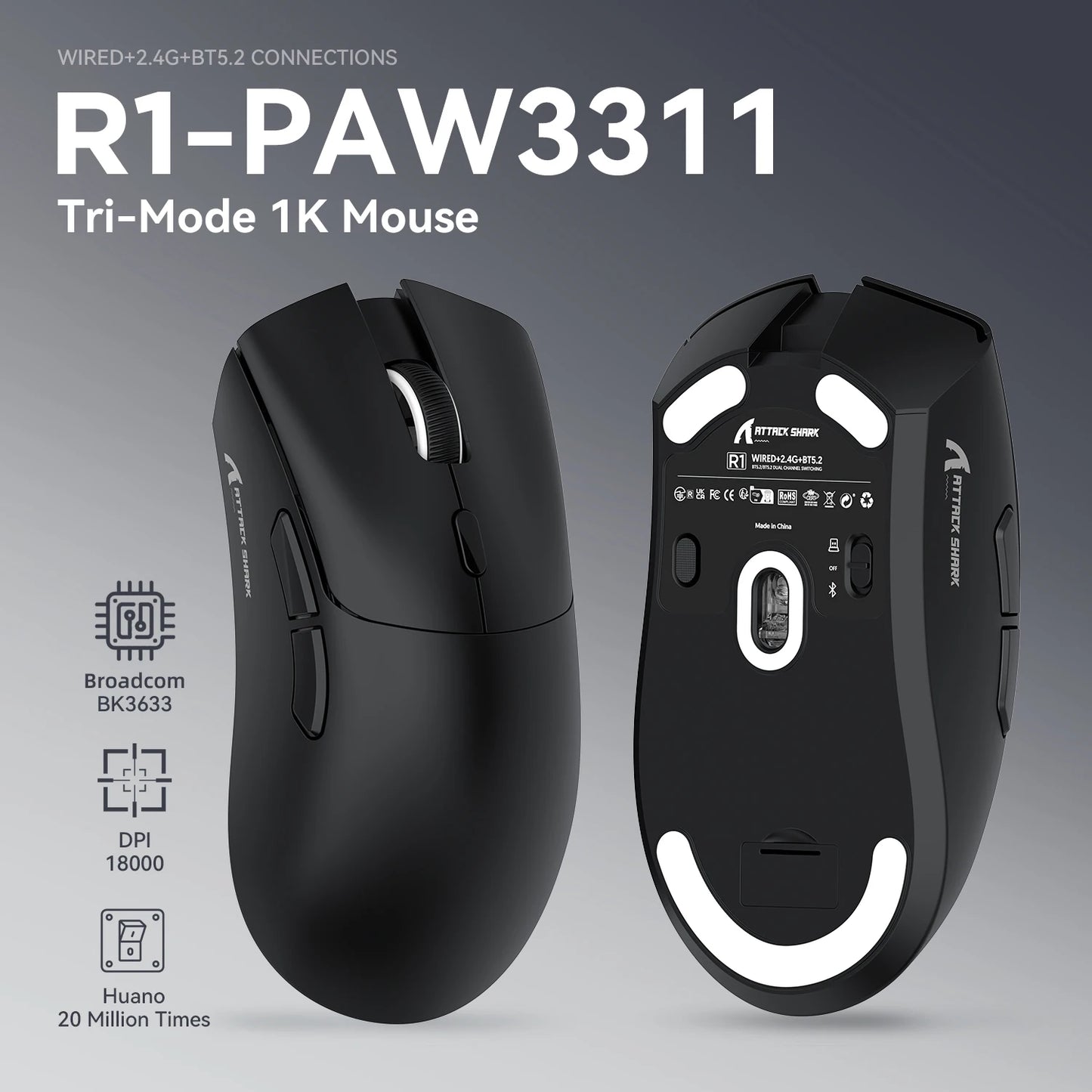 ATTACK SHARK R1 tri-mode gamingmus, PixArt PAW3311-sensor, 18000 DPI, 1000hz, 59g ultralet til store hænder, til PC/Mac