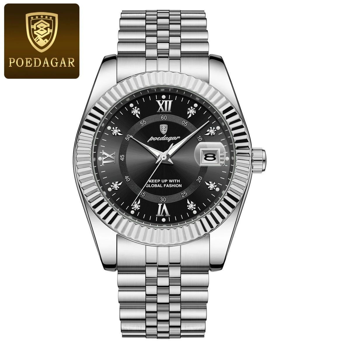 POEDAGAR men’s watch – Luxury model, water-resistant, stainless steel, with luminescent display, military style, date function, quartz movement, ideal for work or professional occasions.