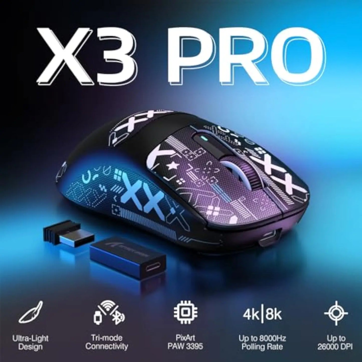 Attack Shark X3Pro vezeték nélküli Bluetooth gamer egér, PixArt PAW3395, 26000dpi optikai egér, hárommódú csatlakozás, makrós gamer egér