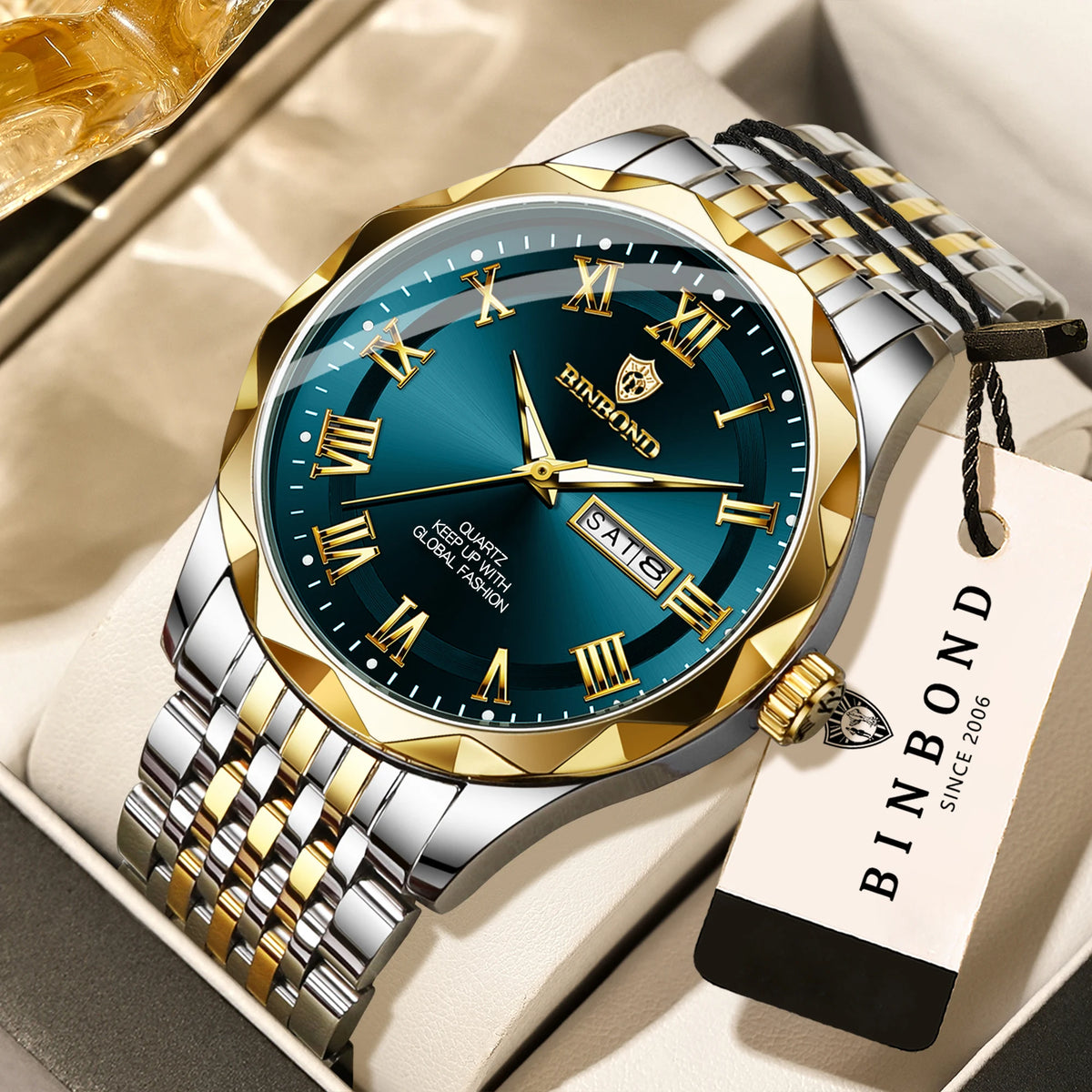 BINBOND Original Brand luxury quartz wristwatch for men, luminous, water-resistant, automatic date, day-of-the-week display, casual style.