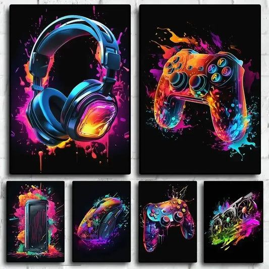 Pop-Neon-Poster mit Videospiel-Charakter, Gamepad, Kopfhörern, Fußball und Basketball – Leinwanddruck, Wandkunst-Dekor für das Gaming-Zimmer