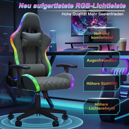 Anajqaqia Gaming Chair RGB LED Light Lumbar Massage Adjustable 90-135° Backrest Ergonomic Office Chair