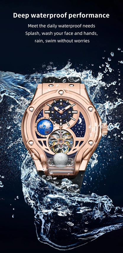 HANBORO Rose Gold Starry Sky Hollow Flywheel Moon Phase Automatic Mechanical Watch Luxury Space Theme Sports Watch 980