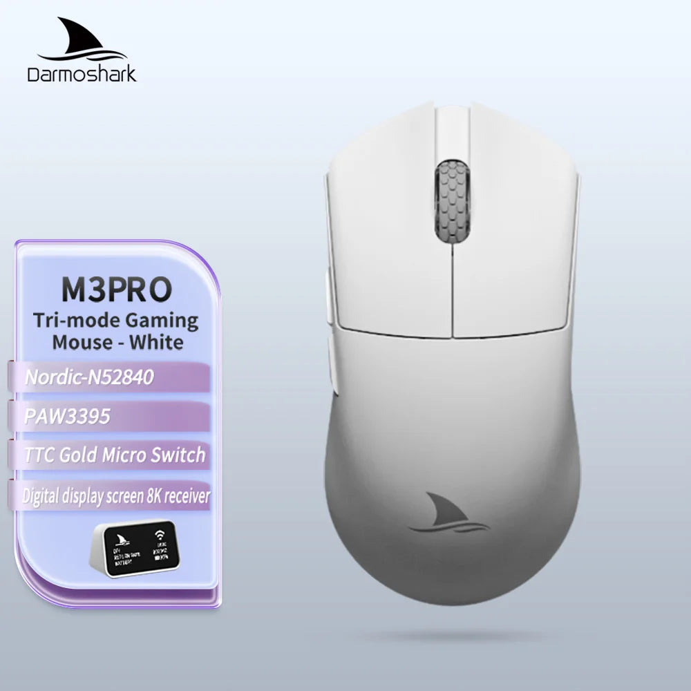 Геймърска мишка Darmoshark M3Pro 2.4G BT безжична Tri-Mode, сензор PAW3395, N52840, 26000DPI, за голяма ръка, макро драйвер, мишка за игри