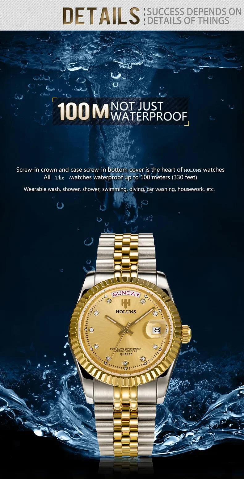 Holuns Luxury Classic 36/41 mm-es arany férfi karóra, japán MIYOTA kvarc szerkezet, rozsdamentes acél, klasszikus üzleti karóra, vízálló