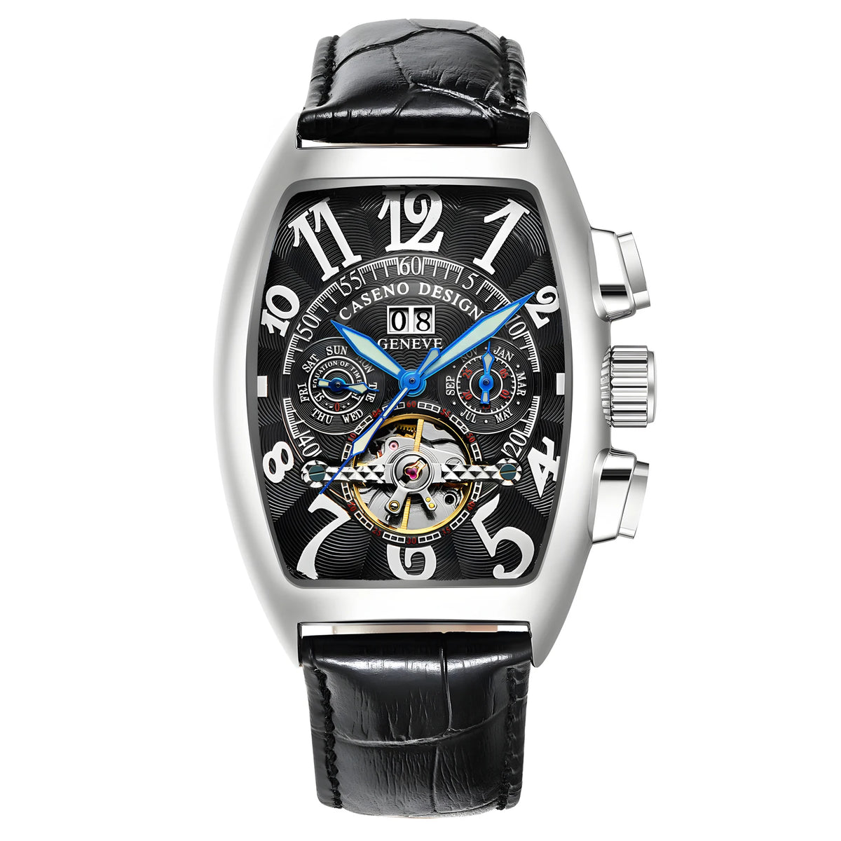 CASENO csúcsminőségű luxusmárka férfi teljesen automatikus mechanikus tourbillon karóra naptárral, éjszakai világítással, tonneau alakú, áttört karóra -577G