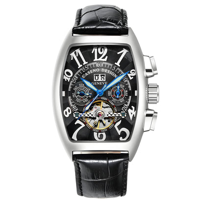 CASENO csúcsminőségű luxusmárka férfi teljesen automatikus mechanikus tourbillon karóra naptárral, éjszakai világítással, tonneau alakú, áttört karóra -577G