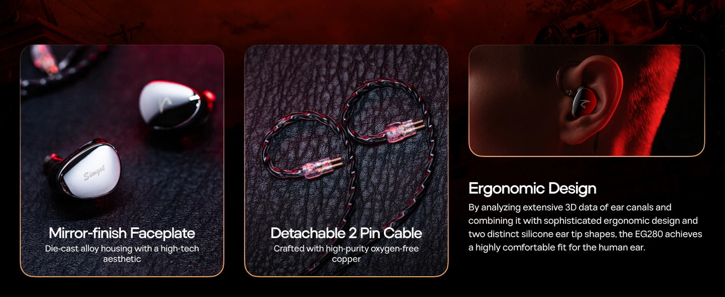 SIMGOT EG280 In Ear Monitor 1DD+1 Planar HiFi IEM Wired Gaming Earphone with Detachable 2Pin OFC Cable Optimized for HiFi&Gaming