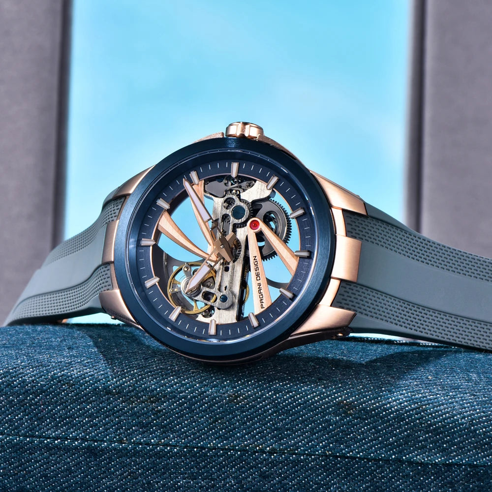 PAGANI DESIGN men’s watch – Luxury automatic mechanical model, ‘skeleton’ (open-heart) style, featuring a tourbillon, sapphire crystal with anti-reflective coating, water-resistant and luminescent.