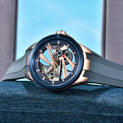 PAGANI DESIGN men’s watch – Luxury automatic mechanical model, ‘skeleton’ (open-heart) style, featuring a tourbillon, sapphire crystal with anti-reflective coating, water-resistant and luminescent.