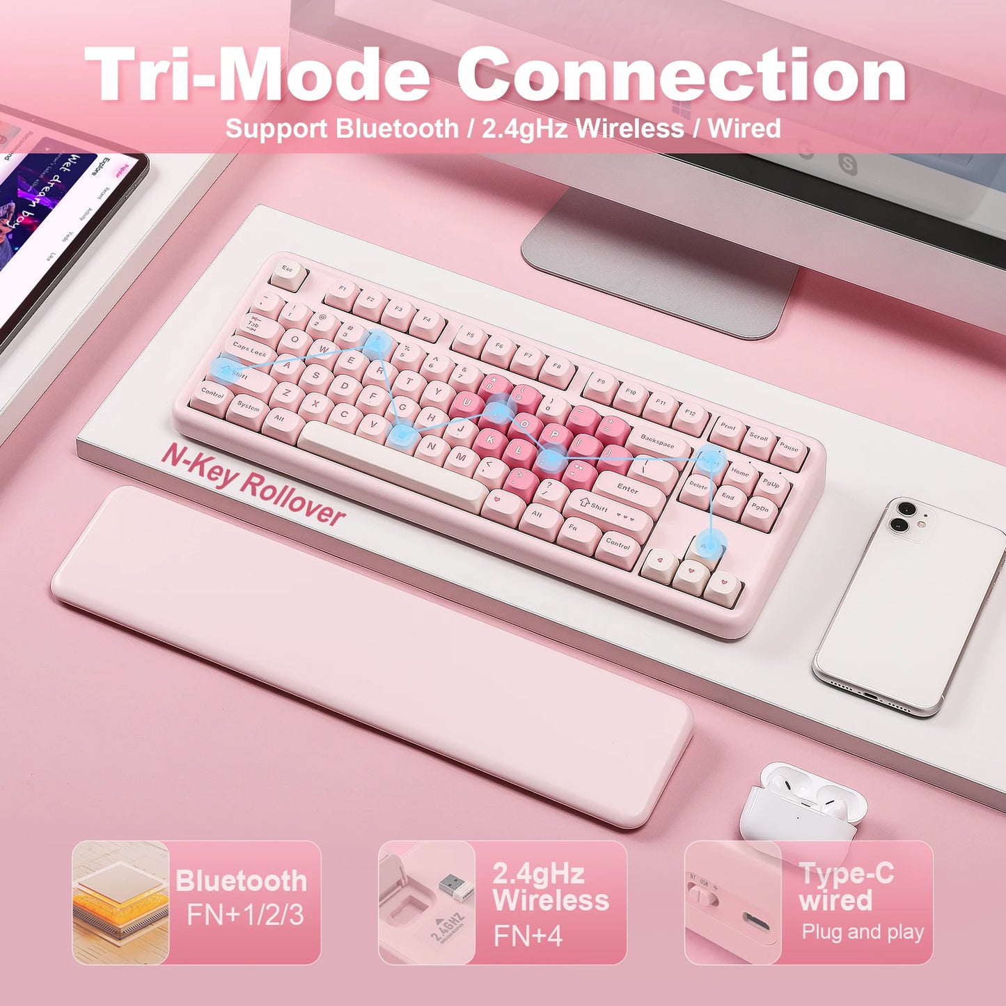 YUNZII B87 Pink Mechanical Gaming Keyboard, QMK/VIA Custom Gasket RGB Keyboard, Wireless Aesthetic Keeb, Wrist Rest for Win/Mac