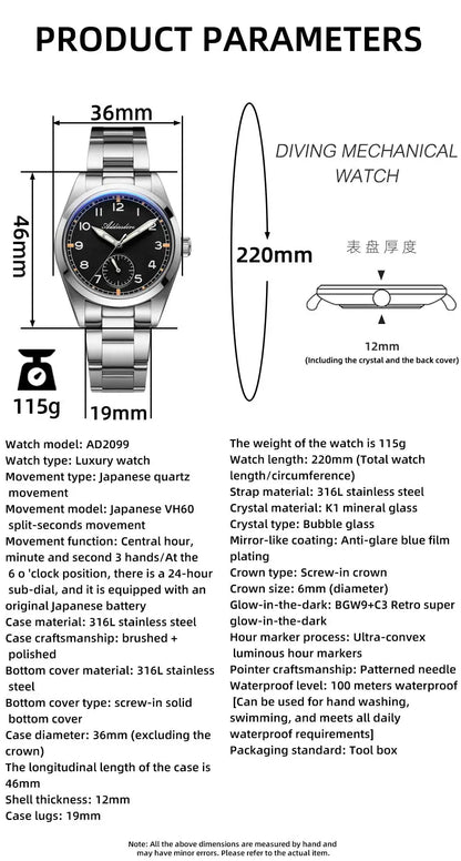 Reloj de cuarzo ADDIESDIVE de 36mm para hombre VH60, luminoso BGW9, cristal abombado tipo burbuja, cubierta de vidrio, resistente al agua 10Bar, acero inoxidable