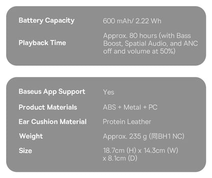 Baseus Bass EH10 NC Wireless Headphones Bluetooth 6.0 Noise Canceling 45dB Over Ear Headset Spatial Audio Earphone 80H Time