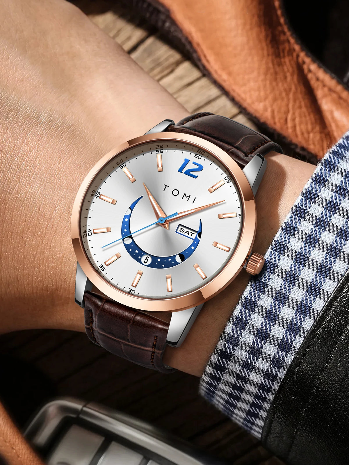 Montre à quartz TOMI, style business et élégant, avec bracelet en cuir, boîtier en alliage et cadran à aiguilles – Design haut de gamme, idée cadeau pour homme