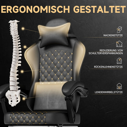 PINGGO Ergonomischer Gaming-Stuhl mit Fußstütze und Massagefunktion, PVC-Leder-Bürostuhl für PC-Gaming, Belastbarkeit 150kg