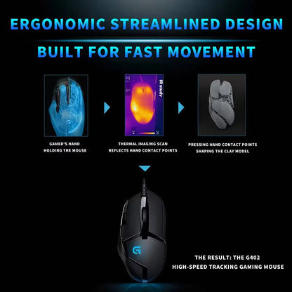 Ratón gaming con cable Logitech G402, procesador ARM de 32 bits, 8 botones, 500 IPS, antideslizante, para sesiones de juego y trabajo durante todo el día