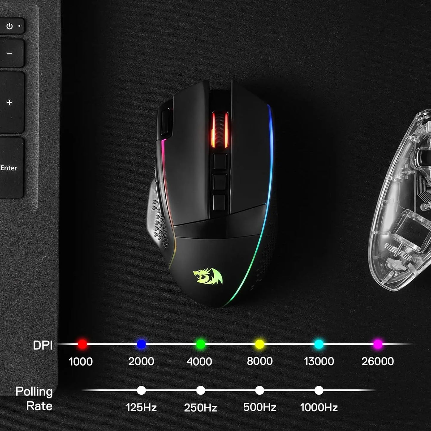 Mysz gamingowa Redragon M991 Wireless 26000 DPI, 3 tryby, 9 przycisków makro, podświetlenie RGB, czarna