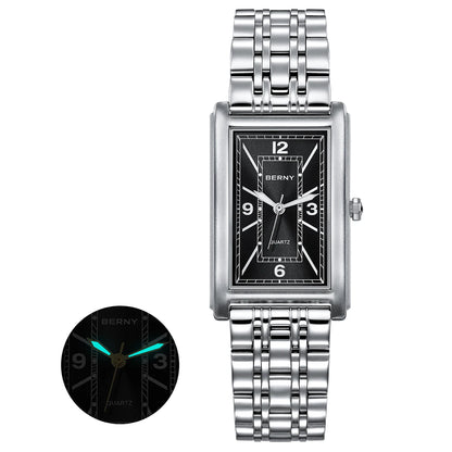 BERNY square men’s watch – Quartz movement, Roman numeral dial, luminescent display, 316L stainless steel case – An elegant and casual rectangular watch
