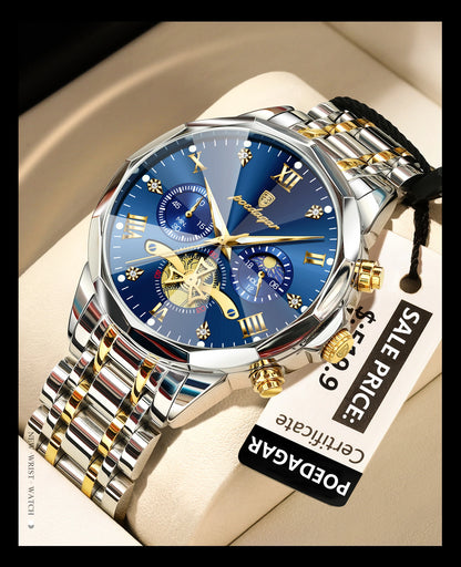 Montre homme de luxe POEDAGAR, chronographe lumineux étanche, en acier inoxydable, à quartz.