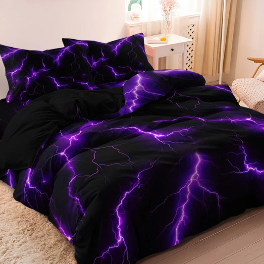 3Pcs Lightning Thunder Pattern Print Duvet Cover Bedding Set Soft Breathable For Four-seasonBedroom Dormitory Decorative