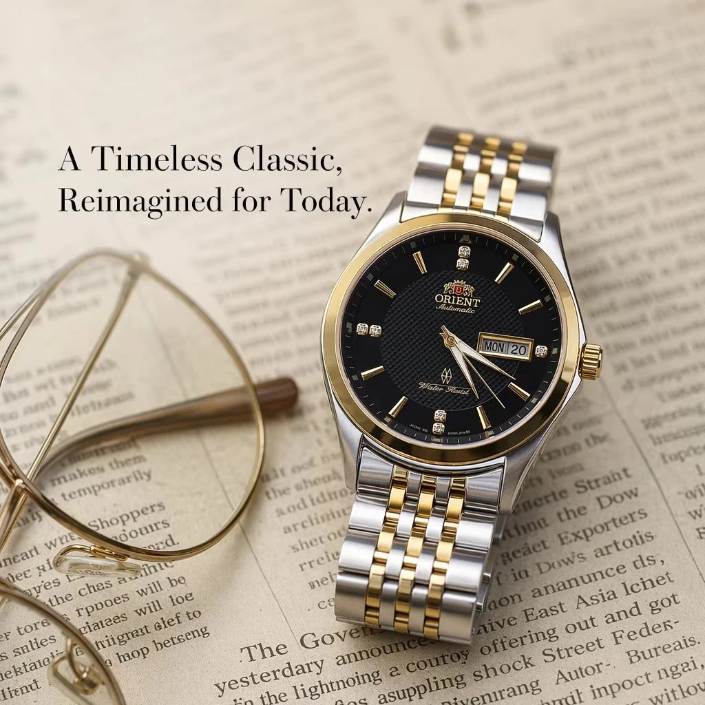 Montre mécanique automatique pour homme Orient, avec double calendrier (date et jour de la semaine), index en cristal et bracelet en acier inoxydable – Montre-bracelet de style professionnel