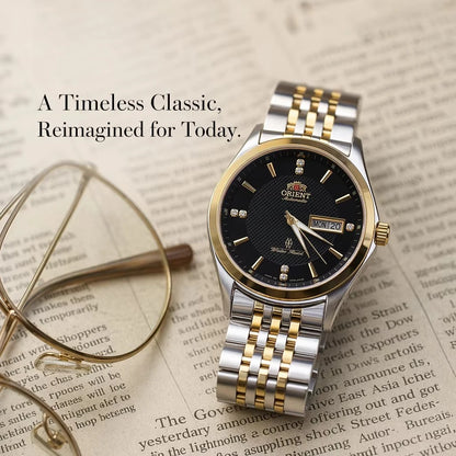 Montre mécanique automatique pour homme Orient, avec double calendrier (date et jour de la semaine), index en cristal et bracelet en acier inoxydable – Montre-bracelet de style professionnel