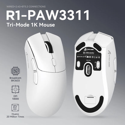 ATTACK SHARK R1 tri-mode gamingmus, PixArt PAW3311-sensor, 18000 DPI, 1000hz, 59g ultralet til store hænder, til PC/Mac