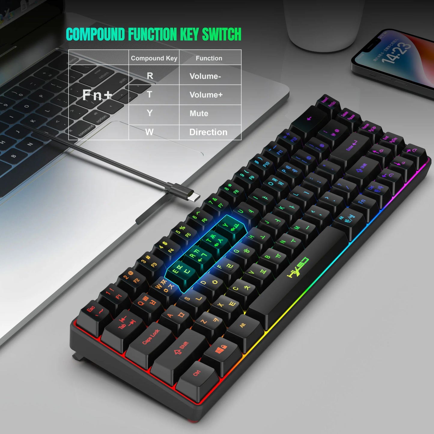 Teclado gaming de 68 teclas USB com fios portátil, retroiluminação RGB 20, teclado coreano para portáteis e computadores Windows