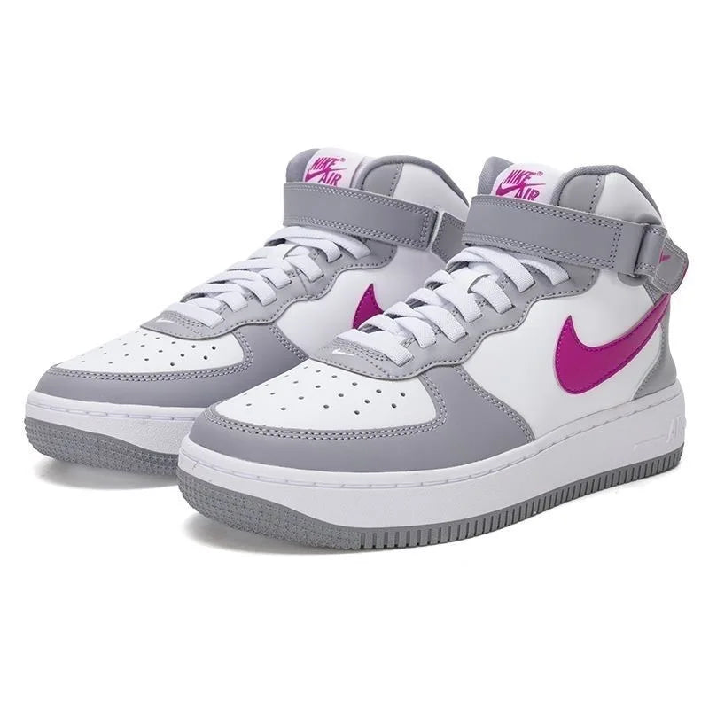 Nike Air Force 1 Mid EasyOn, chaussure de ville confortable et polyvalente, modèle à lacets, tige haute, couleur gris ciment et rose vif, unisexe, FN1193-003.