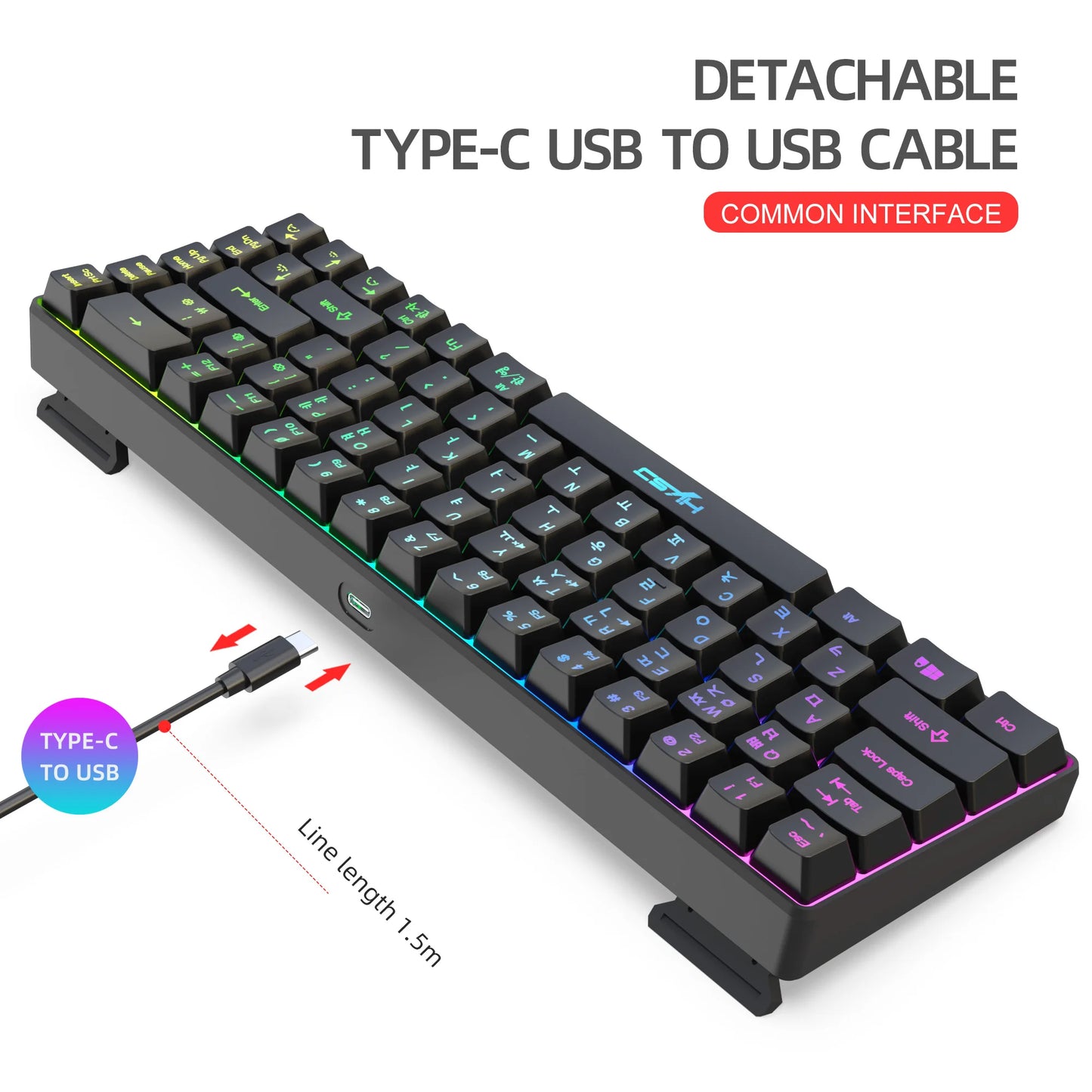 Teclado gaming de 68 teclas USB com fios portátil, retroiluminação RGB 20, teclado coreano para portáteis e computadores Windows