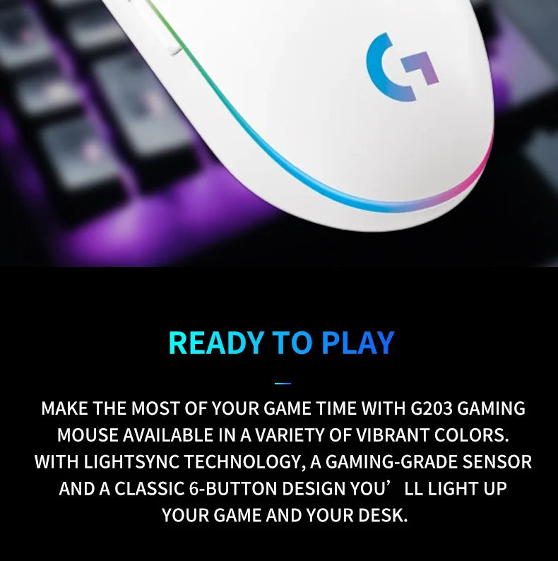 Przewodowa mysz gamingowa Logitech G203, klasy e-sportowej, 6 programowalnych przycisków i wielokolorowe podświetlenie do gier rywalizacyjnych